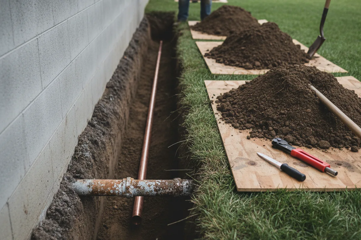 Excavated water line trench during Water Heater Repair in Farmington